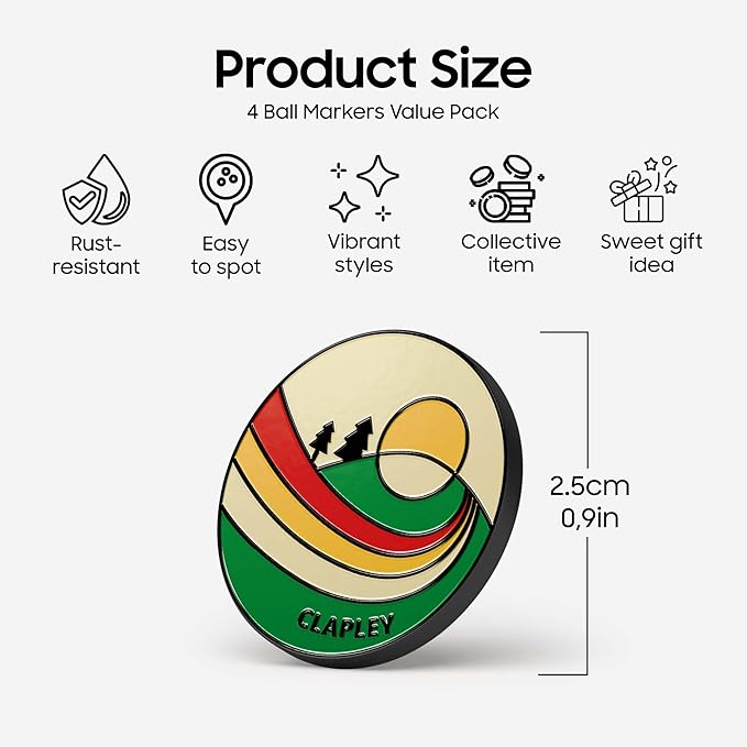 Clapley Ball Markers, Premium Gift Box Set for Golfer, 4pcs Stainless Steel & Oven-Cured Enamel, Eye-catching & Easy to spot, Pair with Magnetic Glove & Clip