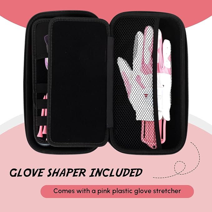 Golf Glove Holder Case with Glove Shaper, Pink Protective Hard Shell Accessory Case, Golf Gift for Woman, for Tees, Ball Markers, Phone, Divot Tool and Accessories