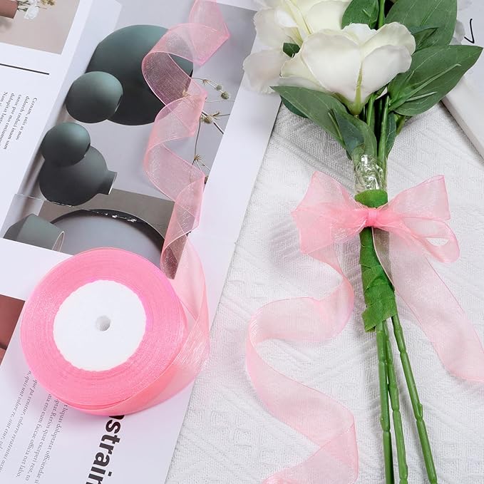 Ribbon for Gift Wrapping 3/4 inch Pink Sheer Organza Ribbon for Flower Bouquet - Image 4
