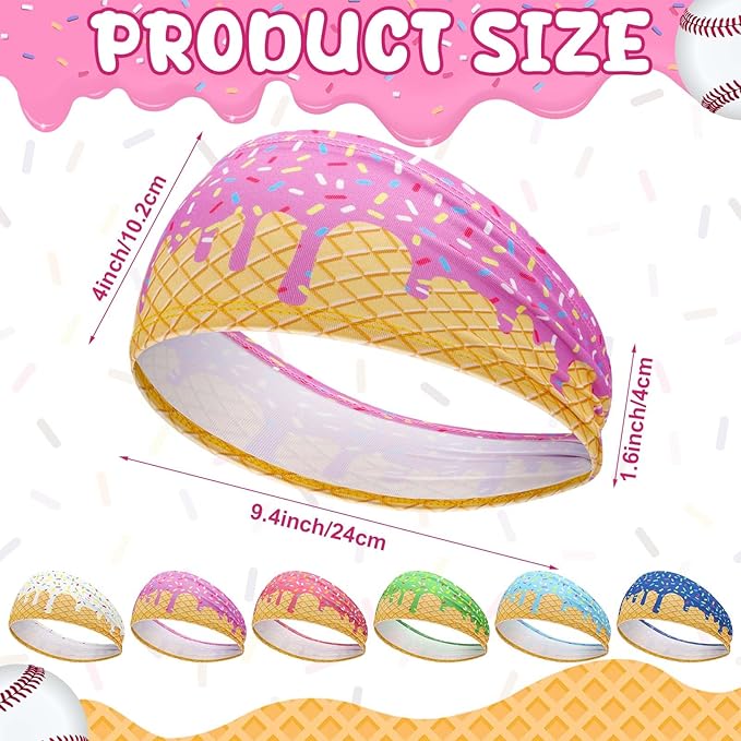 6 Pcs Baseball Drip Headband Ice Cream Drip Teenager Sweatband Multi-Color Elastic Polyester for Baseball Football Golf Sports Women and Men Accessories