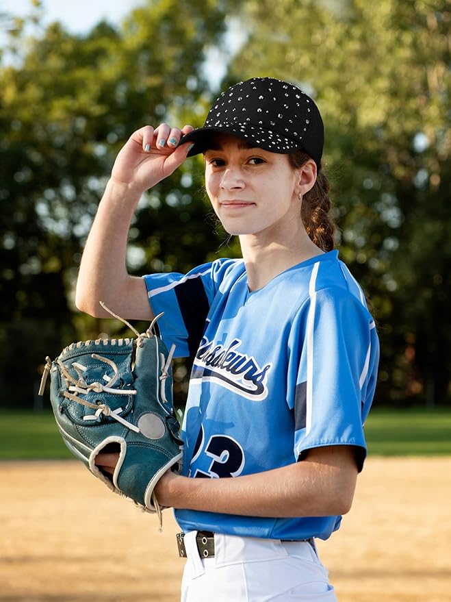 Loopeer 2 Pcs Adjustable Breathable Rhinestone Baseball Cap for Women Men Sequins Casual Sports Cap Rhinestone Hat