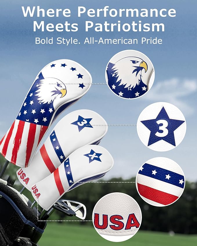 Fitense Golf Head Covers, 3 Pack Golf Club Head Covers USA Stars and Stripes, Velour Lined for Extra Club Protection, Designed to Fit All Woods and Drivers Velour Lined