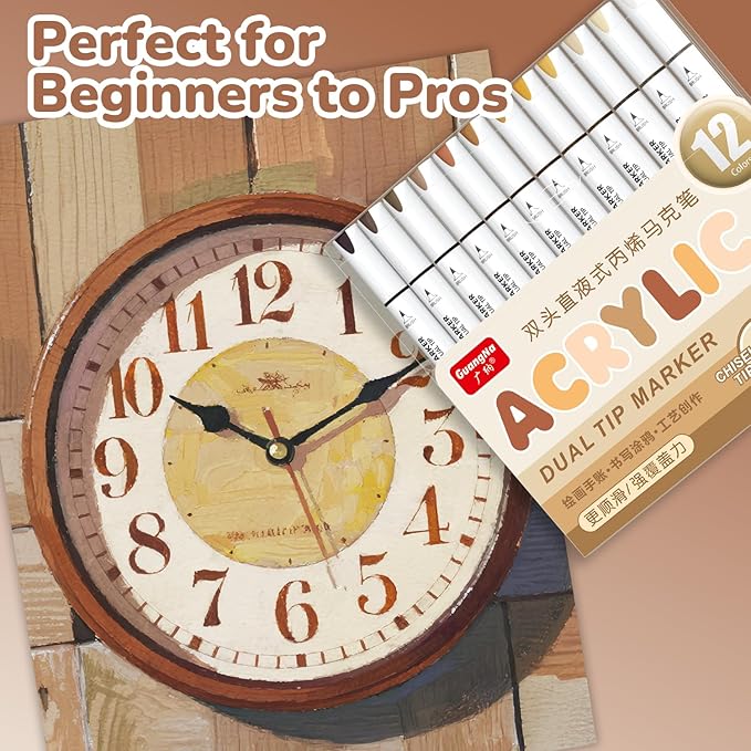 Guangna 12 Brown Dual Tip Acrylic Paint Markers, Brush Tip & Chisel Tip Acrylic - Image 7