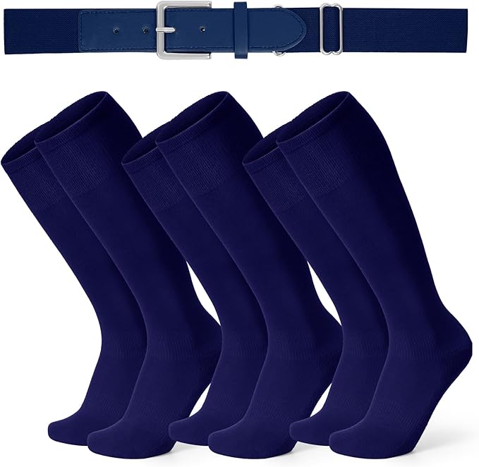 XZQTIVE 3 Pairs of Baseball Softball Socks and 1 Baseball Softball Belt Combo Set Knee-High Soccer Socks for Kids Youth Adult