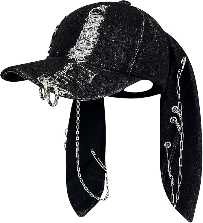 Shyyween Y2K Grunge Hat with Ears Bunny Ear Hat Cat Distressed Denim Baseball Cap Iron Ring Punk Outfit for Women Accessories