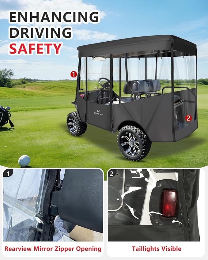 4 Passenger Golf Cart Enclosure for EZGO Express S4 2+2 Seater Long Roof, Waterproof 600D Oxford Driving Rain Cover with Full Roll-Up Clear Windows & Doors