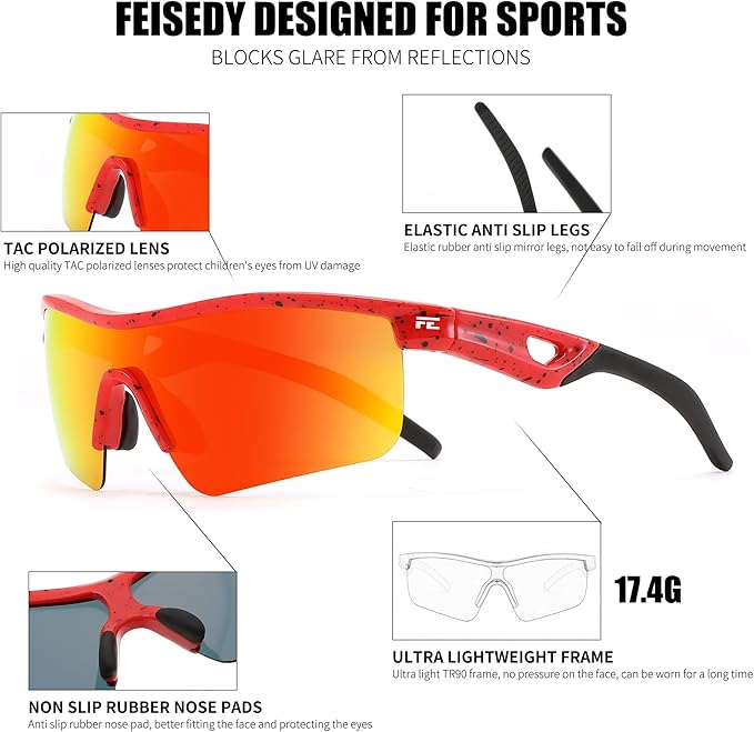FEISEDY Kids Teens Baseball Polarized Sunglasses Sports TR90 Frame Boys Girls Cycling B2454