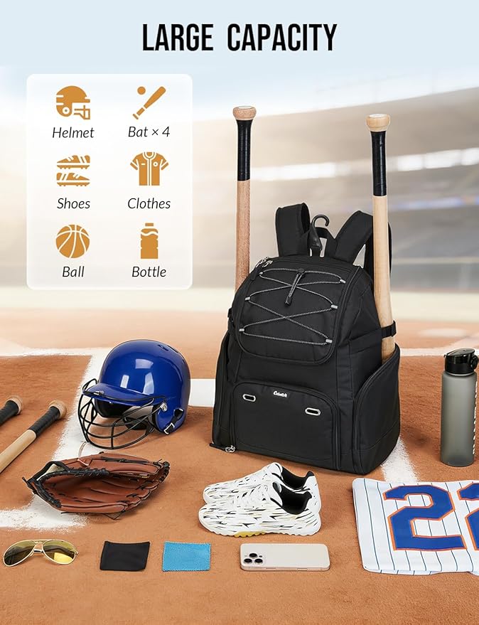 Baseball Backpack for Adult Large Capacity Softball Bat Bag with Shoe Compartment & Wet Pocket Baseball Bag with Fence Hook for 4 Bats & Equipment