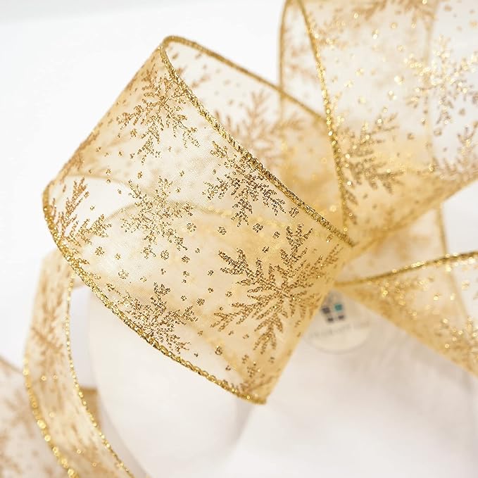 CT CRAFT LLC Organza with Gold Glitter Snowflakes Wired Ribbon 2.5 inch x 50 - Image 3