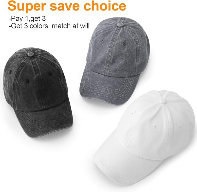 MEINICY 3 Packs Washed-Cotton Plain Baseball Cap, Vintage Adjustable Dad Hats Gift for Men/Women,Unstructured