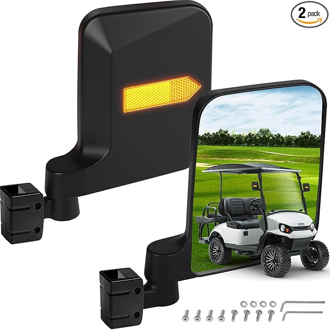 No Drilling Golf Cart Side Mirrors with Built-In Reflector, Universal Golf Cart Mirrors Fit For EZGO, Club Car, Yamaha, ICON, Star, Zone Golf Carts Large HD Shatterproof Folding Side View Mirrors