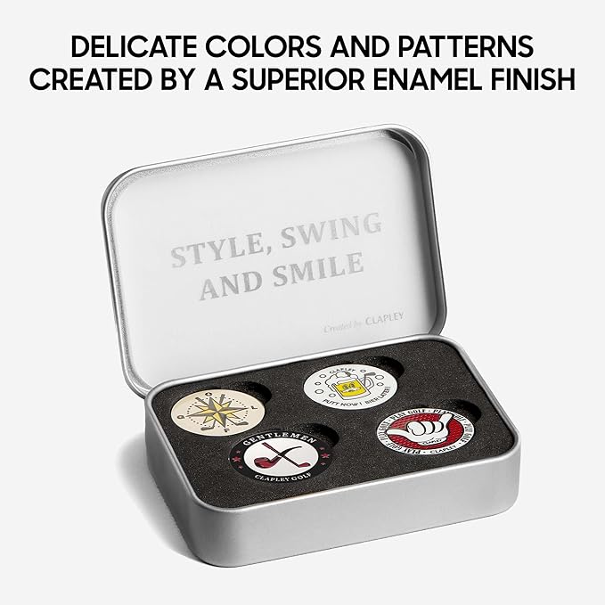Clapley Ball Markers, Premium Gift Box Set for Golfer, 4pcs Stainless Steel & Oven-Cured Enamel, Eye-catching & Easy to spot, Pair with Magnetic Glove & Clip
