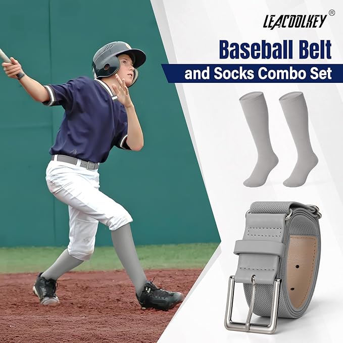LEACOOLKEY Baseball Belt and Socks Combo Set Adjustable Softball Socks and Elastic Belt for Youth and Adult