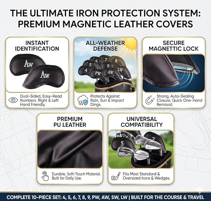 All Teed Up Premium Magnetic Leather Iron and Wedge Golf Club Head Covers | Set of 10 | Fits Most Clubs | Embroidered Club Label on Both Sides of Club Head Cover