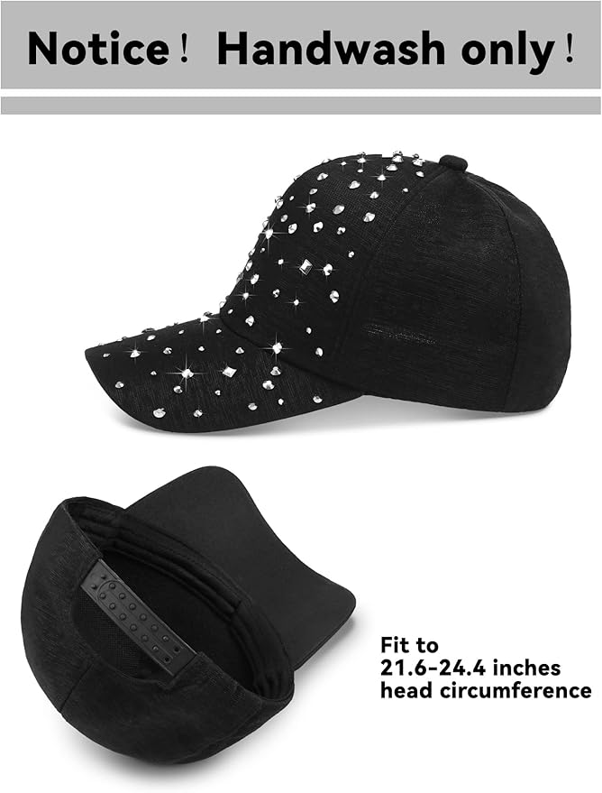 Loopeer 2 Pcs Adjustable Breathable Rhinestone Baseball Cap for Women Men Sequins Casual Sports Cap Rhinestone Hat