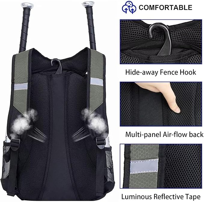 DAFISKY Baseball Bag Softball Backpack - Youth Adult T Ball Bat Equipment Bag with Bat Helmet Holders, Shoe Compartment