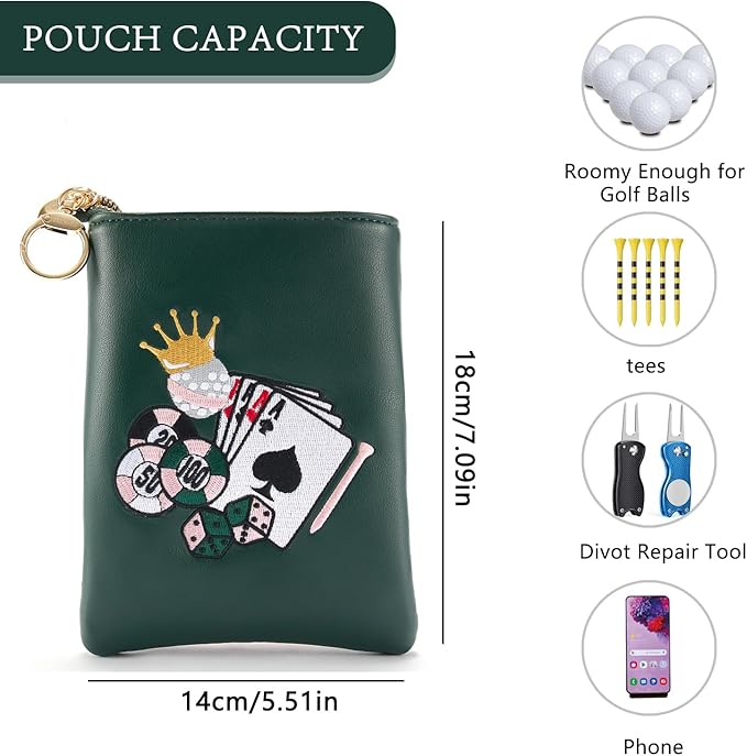 PINKTEE Golf Valuables Pouch Premiun Leather Tee Bag Funny Golf Accessories Organizer with Zipper Master Green for Women Men (CASINO QUEEN, White stripe)