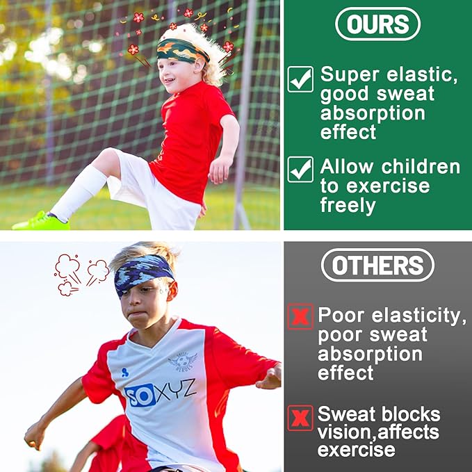 6Pcs Breathable Sports Sweatbands for Kids - Ages 4-10 Boys Girls Sweat Wicking Non Slip Elastic Hairbands, Athletic Headbands Accessories Gifts for Football Soccer Basketball Baseball Dance