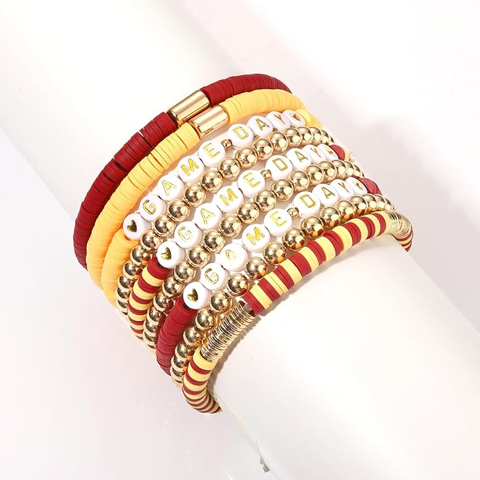 NLCAC 9 Pack Game Day Bracelets Stackable Heishi Beaded Stretchy Bracelet Preppy Jewelry Baseball Football Team Bracelets Sports Fan Accessories Gifts