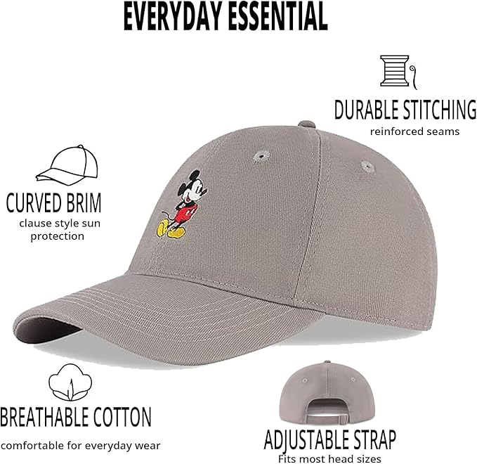 Disney Mens Baseball Cap, Mickey Mouse Adjustable Hat for Adult