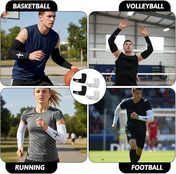 2 Pairs Faith Cross Arm Sleeves Christian Religious Compression Arm Sleeves Polyester Cooling Outdoor Sports Accessories for Men Women Football Baseball Volleyball Running Cycling Black White