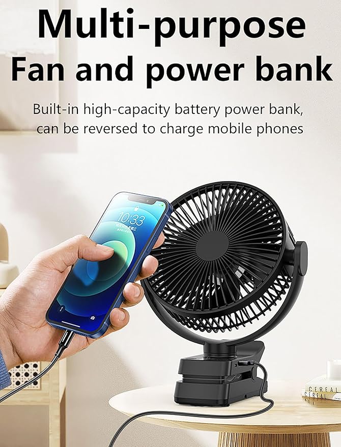 8-inch Magnetic Clip on Fan for Golf Cart, 12000mAH Battery Operated Portable Fan with 5 Speeds, LED Lantern, Magnetic Base, Compatible with EZGO Club Car Yamaha, Ideal Golf Cart Accessories