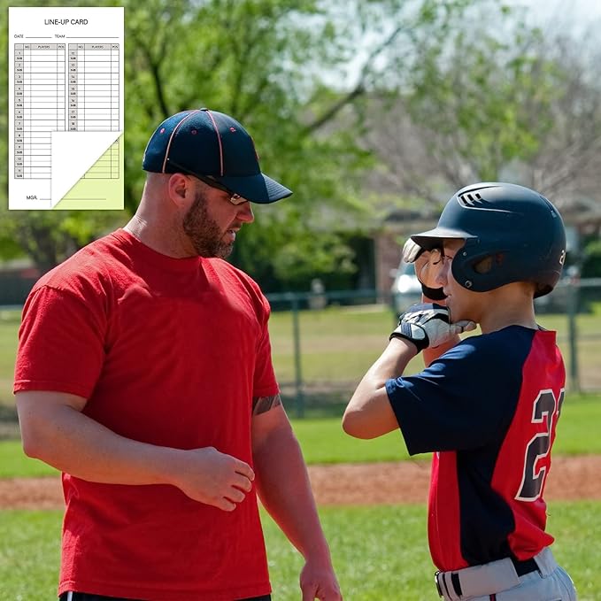 Geyee 50/100/200 Baseball Softball Lineup Cards 4.52 x 7.86 Inch Lineup Sheet Games with Player Roster Baseball Scorebook Coaching Accessories for Coaches Umpires, 4 Part Carbonless Copies(100 Sets)