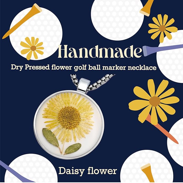 Golf Ball Marker necklace with ball marker, handmade pressed flower golf marker,Gifts Accessories Women Golfers