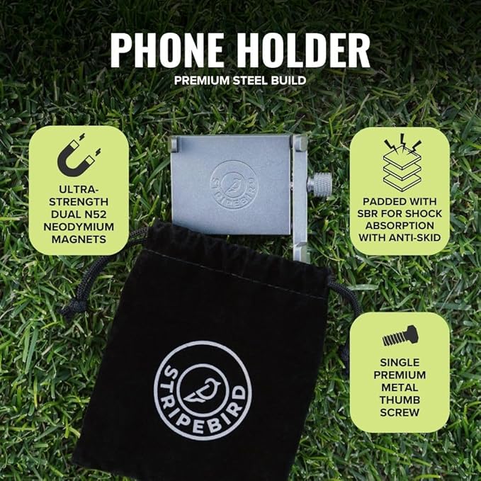Stripebird - Magnetic Golf Cart Phone Holder - US Patented, Neodymium N52 Magnets - Golf Cart Phone Mount for iPhone & Samsung - Slim Golf Caddy Accessories for Men & Women