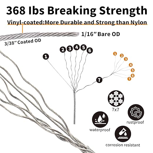 1/16" Wire Rope Kit, 30M/100FT Vinyl Coated 304 Stainless Steel Cable, String - Image 3