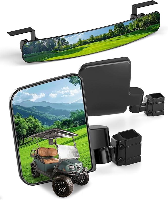 HOWBOW Golf Cart Mirrors Kit, Adjustable 180 Degree Rotation and Foldable-HD Shatterproof Glass Mirrors for EZGO Club Car Yamaha, No-Drilling Golf Cart Side Mirror and Rear View Mirror Kit