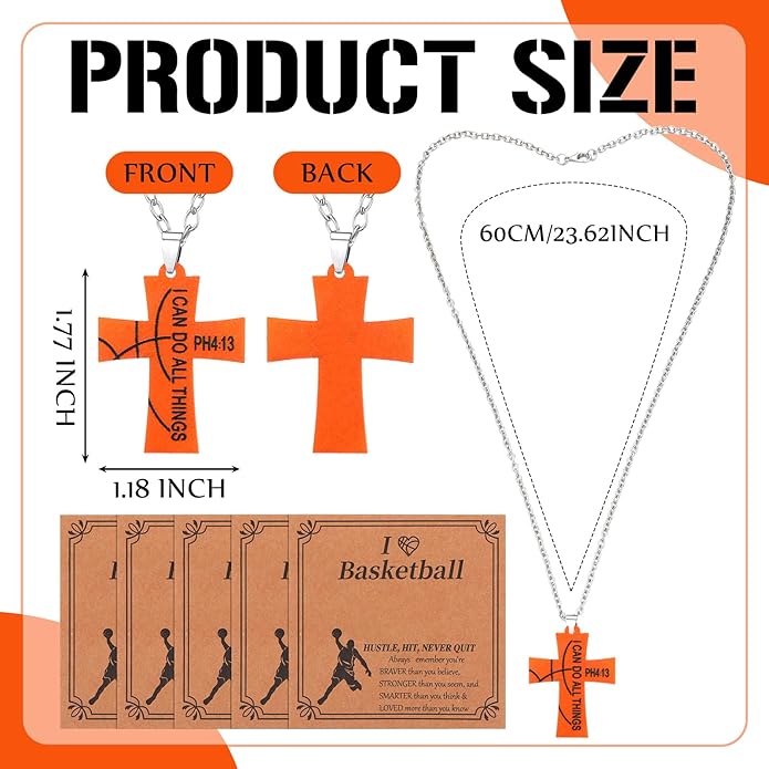 Tondiamo 24 Set Basketball Volleyball Cross Necklace with Card Sport Party Favors Charms Team Gift Bulk Religious Cross Necklace Christian Coach Gifts Jewelry for Sport Player Fans Men