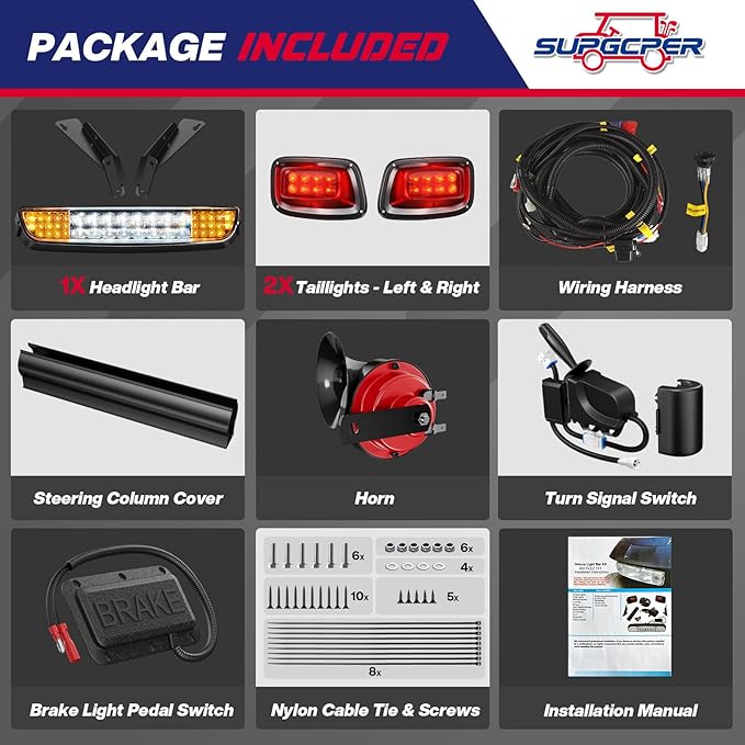 EZGO TXT Deluxe Light Bar Kit, Golf Cart LED Light Kit With EZGO TXT 12V Street Legal LED Headlight Taillight Turn Signal Hazard Light Switch Horn Brake Pad, Fits 1996-2013 Gas & Electric Golf Cart