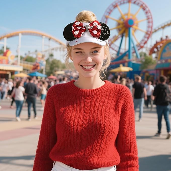 Adult Size Mouse Ears Visors for Women, Adjustable Sun Visor Hat Baseball Cap with Sequin Mouse Ears Bow for Theme Park Decor