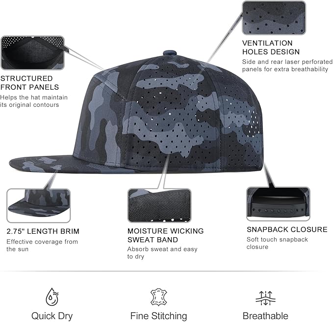 FEINION Men Flat Brim Adjustable Performance Hat Snapback Laser Perforated Baseball Cap