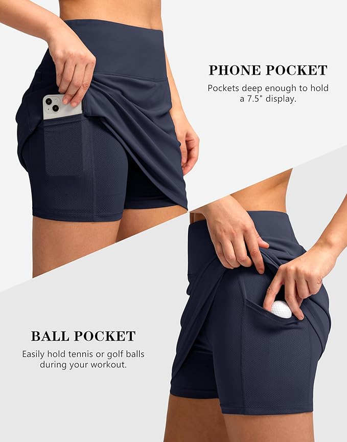 Women's Golf Skirts Skort 4 Side Pockets High Waisted Stretchy Tennis Skirt with Short Athletic Casual