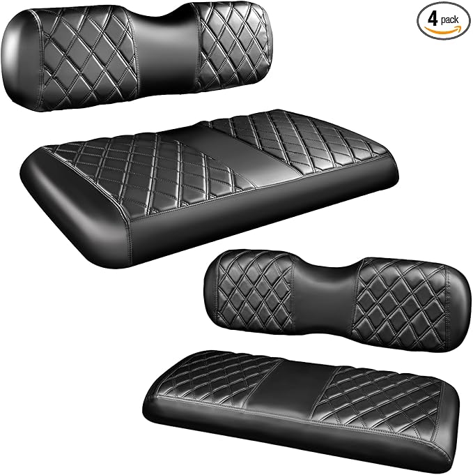 NOKINS 4PCS Golf Cart Diamond Seat Covers Kit,Front and Rear Seat Covers for Club Car Precedent/EZGO TXT/Yamaha Original Regular Seat Cushion (Black&Black Stitching, Fit EZGO TXT 1994-2013)