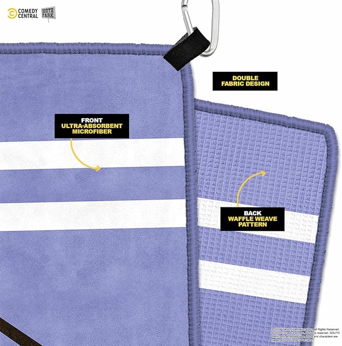 South Park Towelie Non-Magnetic Golf Towel, 24" x 16", Ultra-Absorbent Microfiber Cleaning Towel, Double Sided Waffle Weave Cleaning Cloth with Clip – Official Licensed Golf Accessory