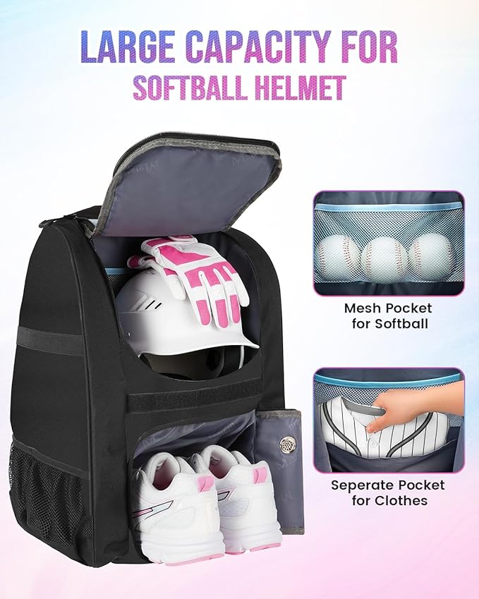 MATEIN Softball Bag, Lightweight Baseball Backpack with Shoe Compartment, Baseball Bag with Fence Hook for TBall Bat & Equipment, Softball Gifts Catchers Backpack for Women Fit Catcher’s Mitt, Helmet