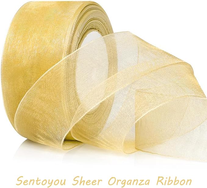 Gold Ribbon for Gift Wrapping, 1 inch 50Yard Sheer Organza Ribbon for Flower - Image 5
