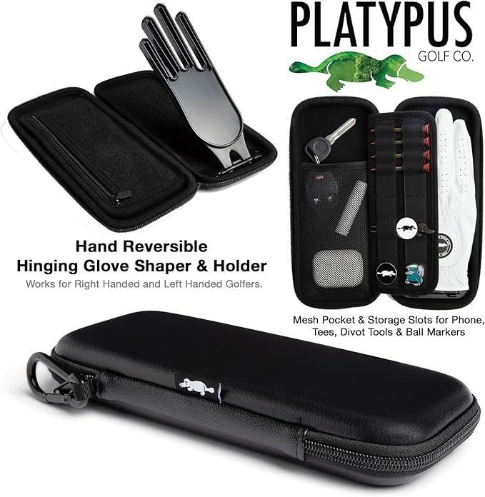 Platypus Golf Co. Golfing Caddie EVA Travel Case Organizer with Bamboo Tees & Ball Marker - Hand Reversible Hinging Glove Shaper & Holder, Mesh Pocket & Storage Slots, Golfers Cases for Men & Women