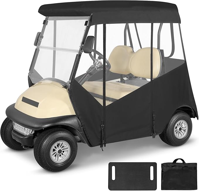 2 Passenger Golf Cart Enclosure for Club Car Precedent, 600D Waterproof Rain Driving Cover with 3 Sided Roll-Up Clear Windows & Doors, Heavy Duty Zippers & Side Mirror Openings