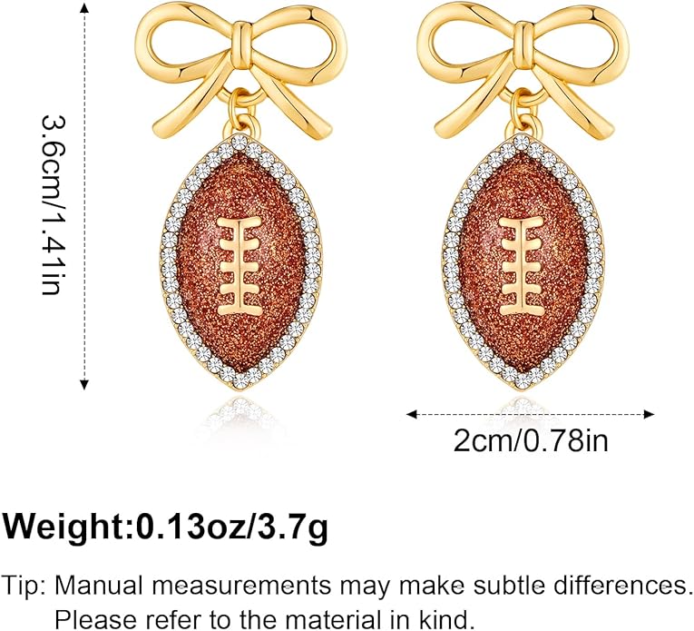 Rhinestone Bow Football Stud Earrings, Sparkly Sports Themed Dangle Earrings for Women, Cute Game Day Jewelry Gift