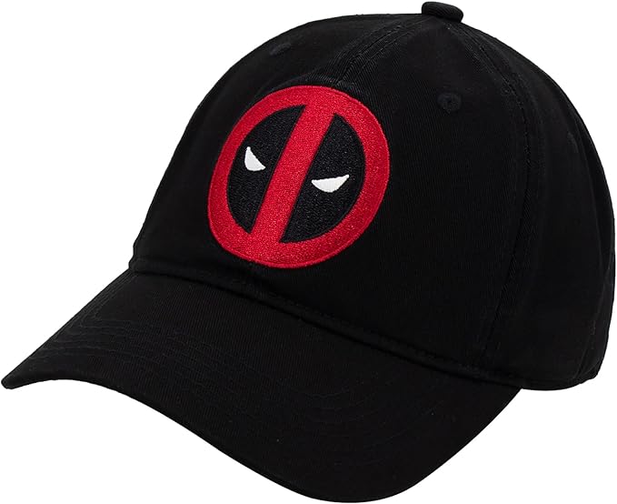 Marvel Deadpool Dad Hat, Stitched Face Logo Cotton Adjustable Baseball Cap with Curved Brim, Black, One Size