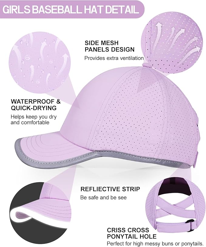 Little Girls Reflective Baseball Cap Criss Cross Ponytail Hat Kids Quick Dry Mesh Summer Sports Hat for Toddler Ages 3-8
