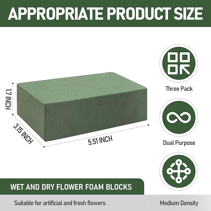 RIDEHILL 3 Pack Floral Foam Blocks, 5.5" x 3.1" x 1.7" Flower Foam - Image 2