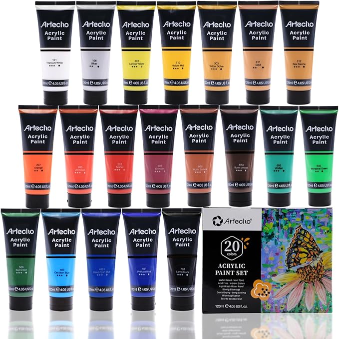 Artecho Professional Acrylic Paint Set, 20 Primary Colors Tubes, Art Craft by Artecho