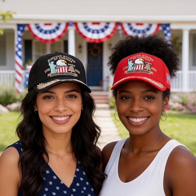 2 Pack 250 Anniversary USA Hat Embroidered Eagle & Liberty，Adjustable Patriotic American Flag Baseball Caps for Men Women