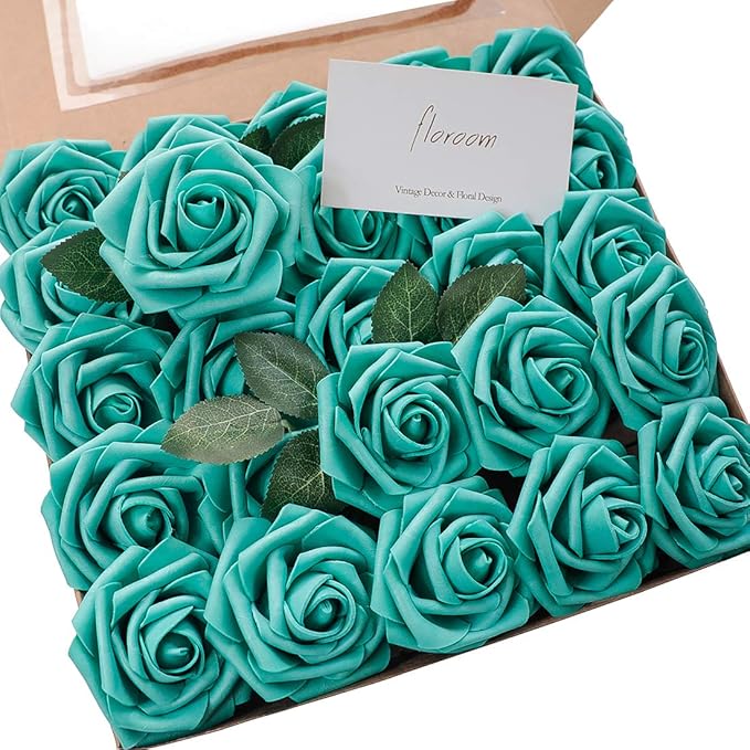 Floroom Artificial Flowers 25pcs Real Looking Teal Green Foam Fake Roses by Floroom