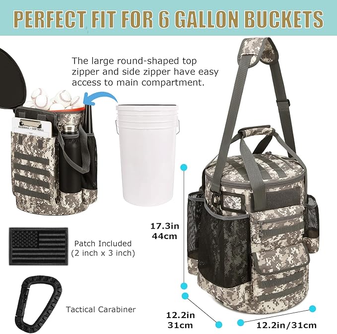 Baseball Bucket Bag Baseball Coaching Accessories Organizer Tactical Style Softball Bucket Bag with Anti-Slip Bottom, Multiple Pockets for Bat, Gloves, Scoreboards